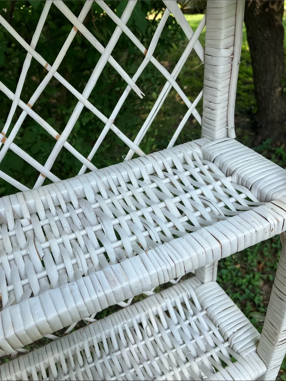 Large Vintage Shabby Chic White Wicker Three-Tier Wall Shelf or Tabletop